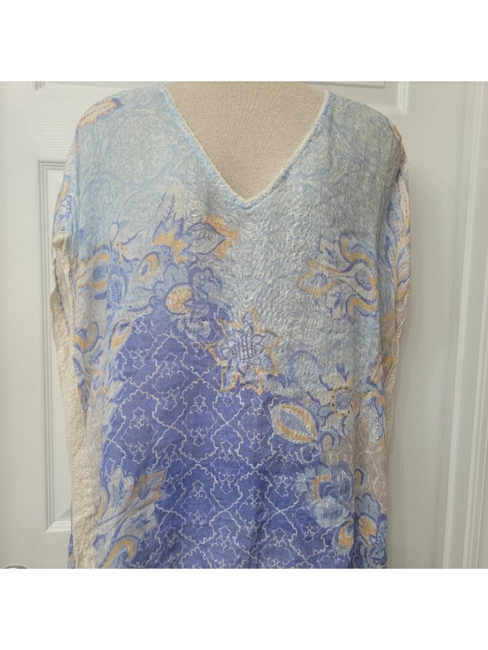 Chicos Linen Top Swim Cover Up Blue Tan Size L/XL
